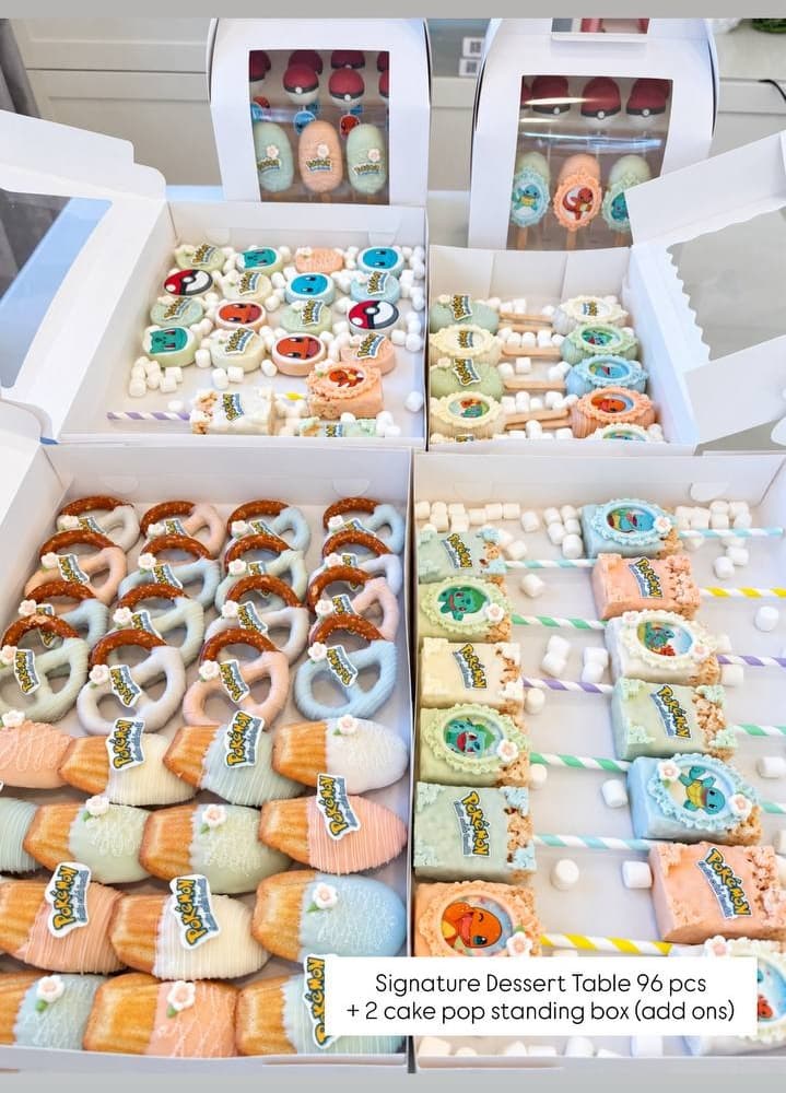 Pokemon-themed Signature Dessert Table with coordinated custom treats